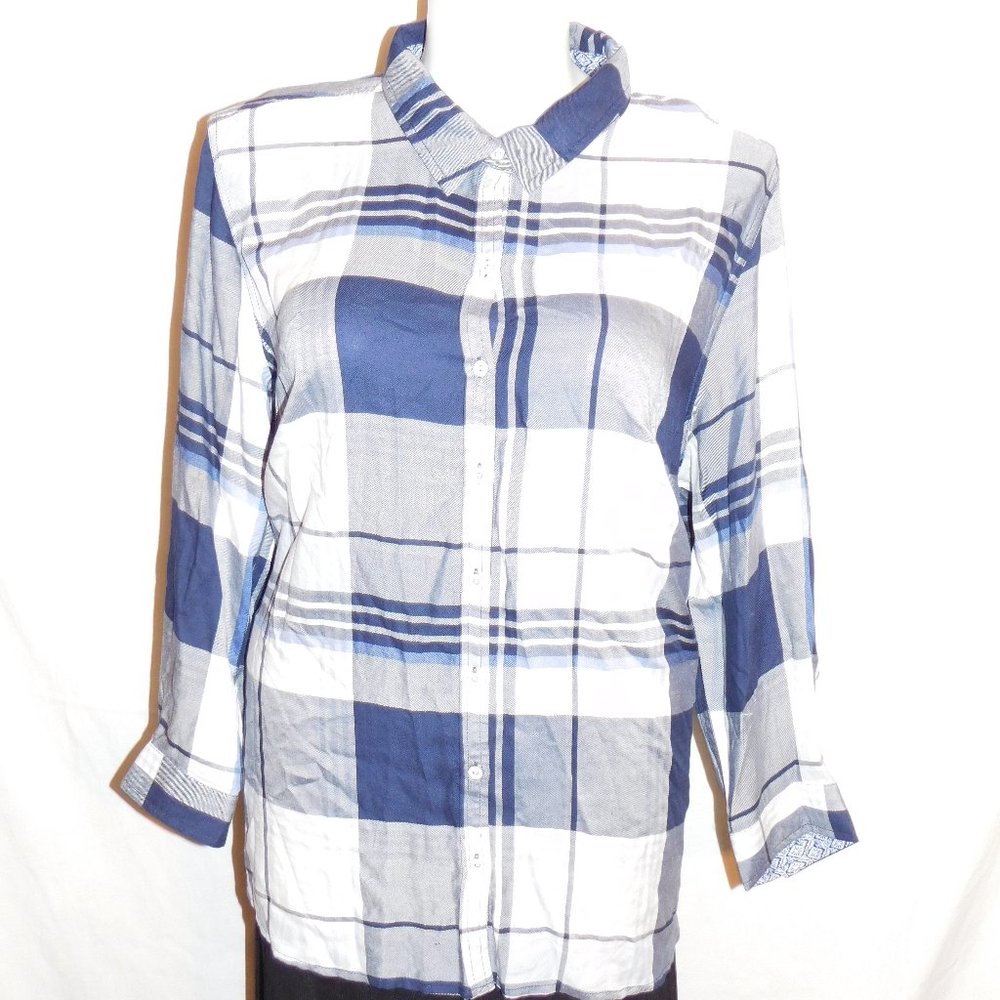 2X Petite Catherines Blue Gray White Plaid Top NWT